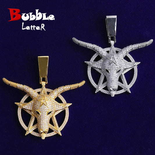 Bubble Letter Iced Out Goat Star Circle Necklace Pendant for Men Real Gold Plated Cubic Zirconia Hip Hop Jewelry