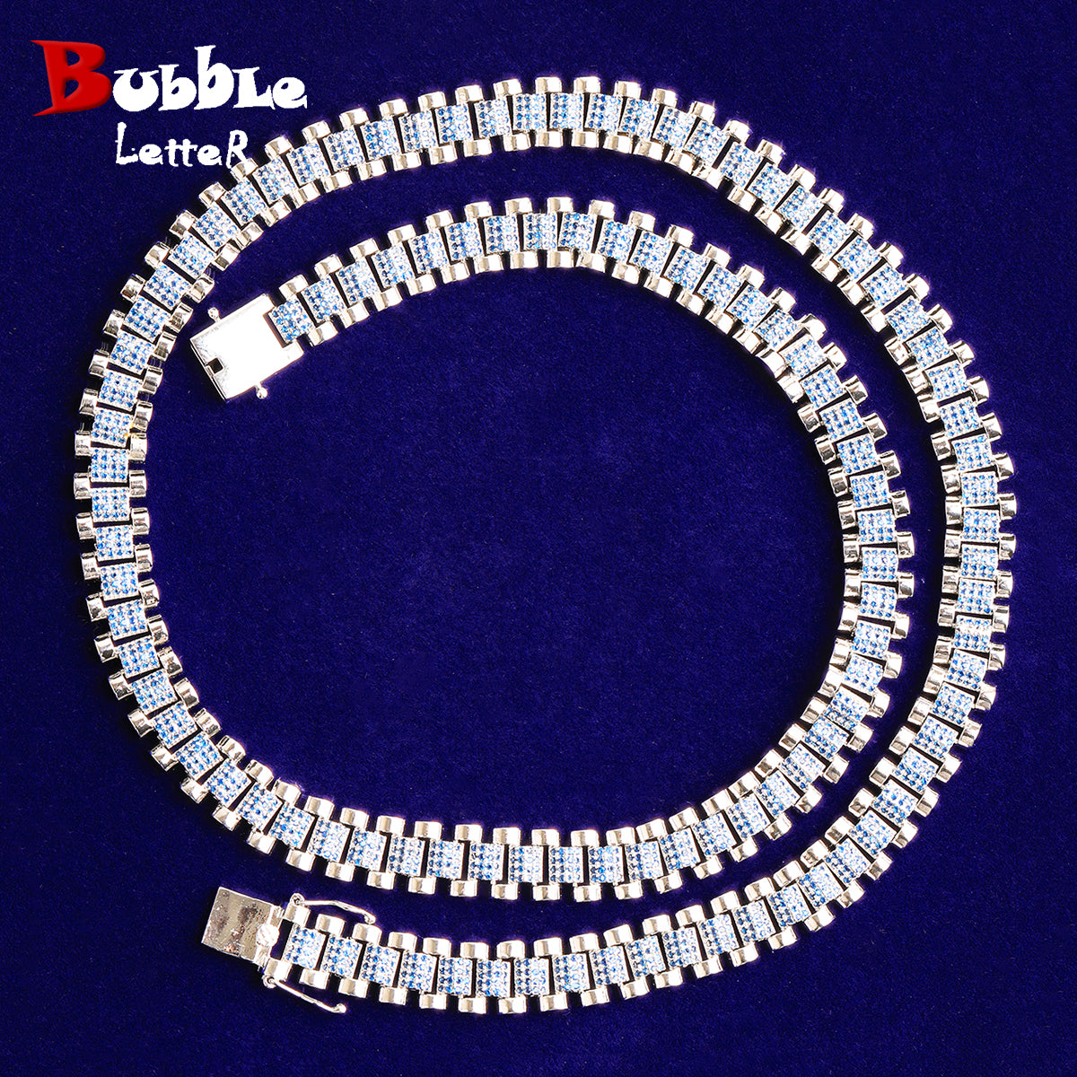 Bubble Letter Iced Out Silver Watch Belt Link Chain for Men Necklace Choker Real Gold Plated Cubic Zirconia Hip Hop Jewelry