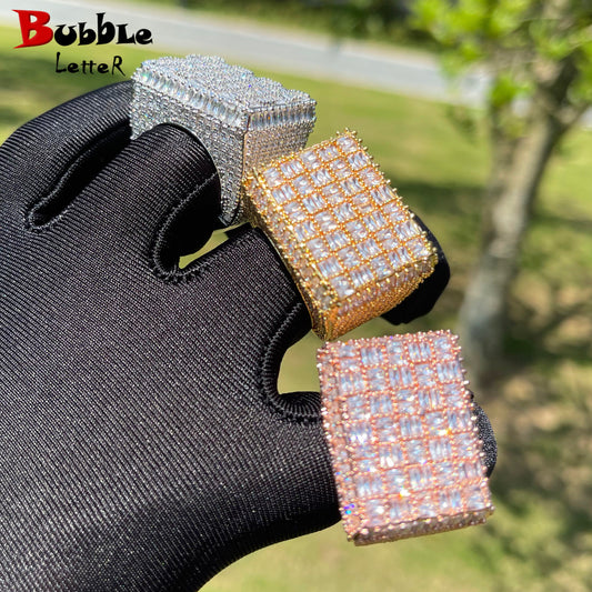 Bubble Letter Iced Out Baguette Ractangle Ring for Men Micro Pave Cubiz Zirconia Hip Hop Jewelry