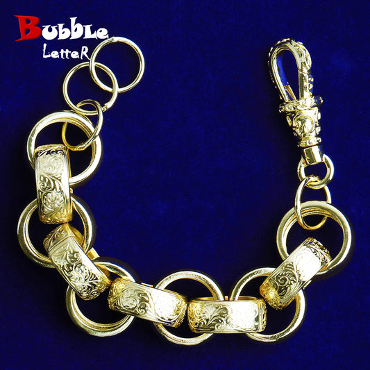 Bubble Letter Semi Pattered Circle Belcher Link Bracelet for Men Real Gold Plated Hip Hop Jewelry