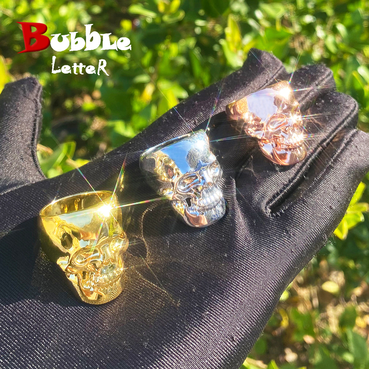 Bubble Letter Skull Ring for Men Real Copper Gold Plated Hip Hop Jewelry