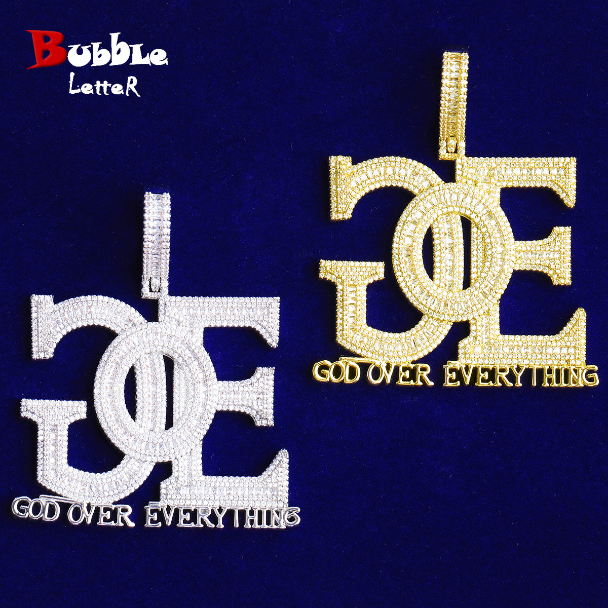 Bubble Letter Iced Out Backside God Over Everything Necklace Pendant for Men Real Gold Plated 5A Cubic Zirconia Hip Hop Jewelry