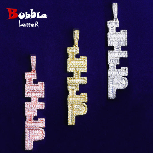 Bubble Letter Vertical Iced Out Custom Name Necklace Pendant Men Prong Setting Cubic Zirconia Copper Gold Plated Hip Hop Jewelry