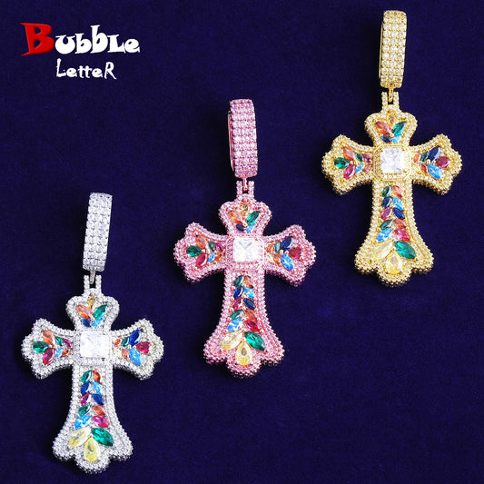 Bubble Letter Iced Out Colorful Cubic Zirconia Cross Necklace Pendant for Men Real Gold Plated 5A Grade Hip Hop Jewelry
