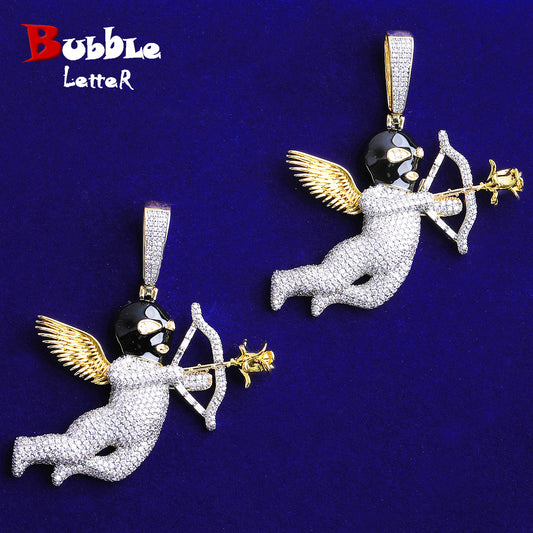 Bubble Letter Iced Out Angel Wing Arrow Necklace Pendant for Men 5A Real Gold Plated Hip Hop Jewelry
