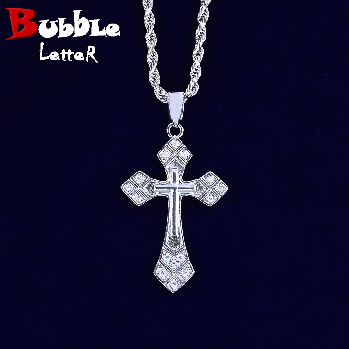 Bubble Letter Arrow Cross Necklace Pendant for Women Prong Setting Cubic Zirconia Hip Hop Jewelry