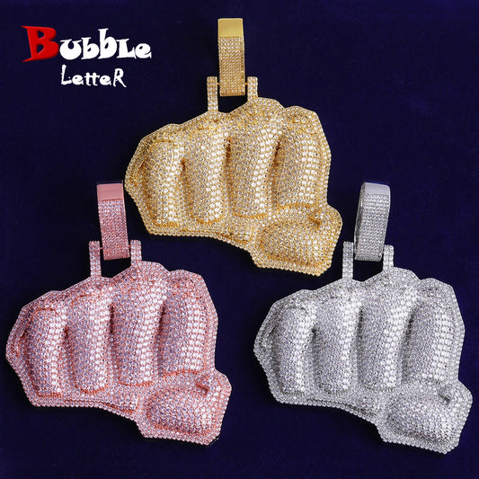 Bubble Letter Iced Out Fist Necklace Pendant for Men Real Gold Plated Cubic Zirconia Hip Hop Jewelry