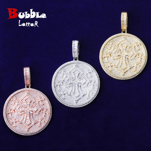 Bubble Letter Iced Out Multi Cross Circle Necklace Pendant for Men 5A Cubic Zirconia Gold Plated Hip Hop Jewelry