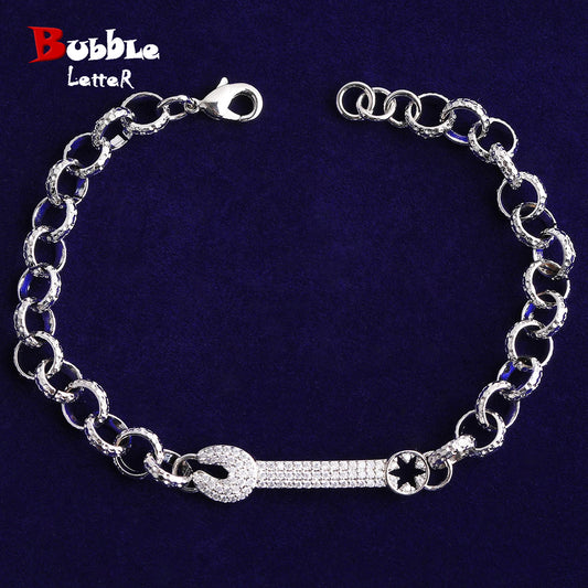 Bubble Letter Iced Out Belcher Ring Link Bracelet Wrench for Men Prong Setting Real Gold Plated Hip Hop Jewelry