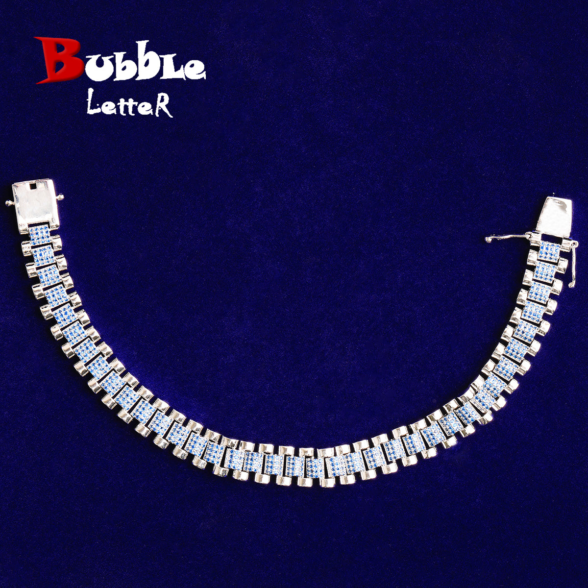 Bubble Letter Iced Out Silver Watch Belt Link Bracelet for Men Real Gold Plated Cubic Zirconia Hip Hop Jewelry