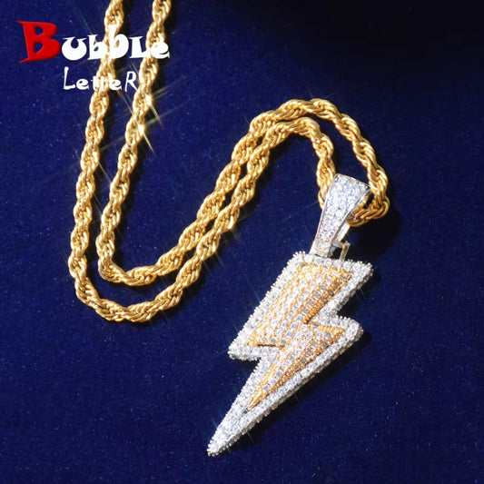 Bubble Letter Lightning Shape Pendant Necklace Bling Cubic Zircon Men's Hip Hop Rock Jewelry