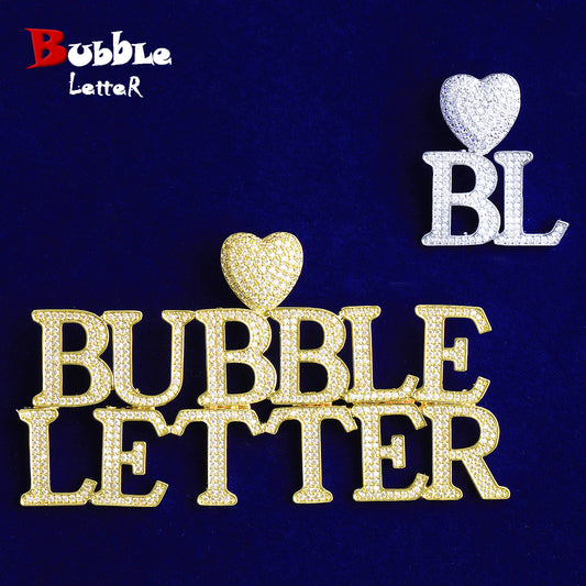 Bubble Letter Iced Out Customized Name Necklace Pendant for Men Heart Bail Real Gold Plated Hip Hop Jewelry
