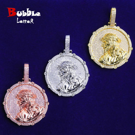 Bubble Letter Iced Out Disc Jesus Necklace Pendant for Men Real Gold Plated Hip Hop Jewelry