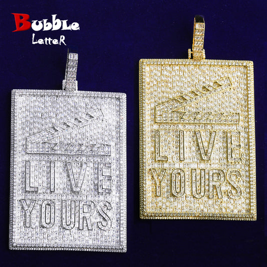 Bubble Letter Iced Out Big Live Yours Tag Necklace Pendant for Men 5A Cubic Zirconia Gold Plated Hip Hop Jewelry