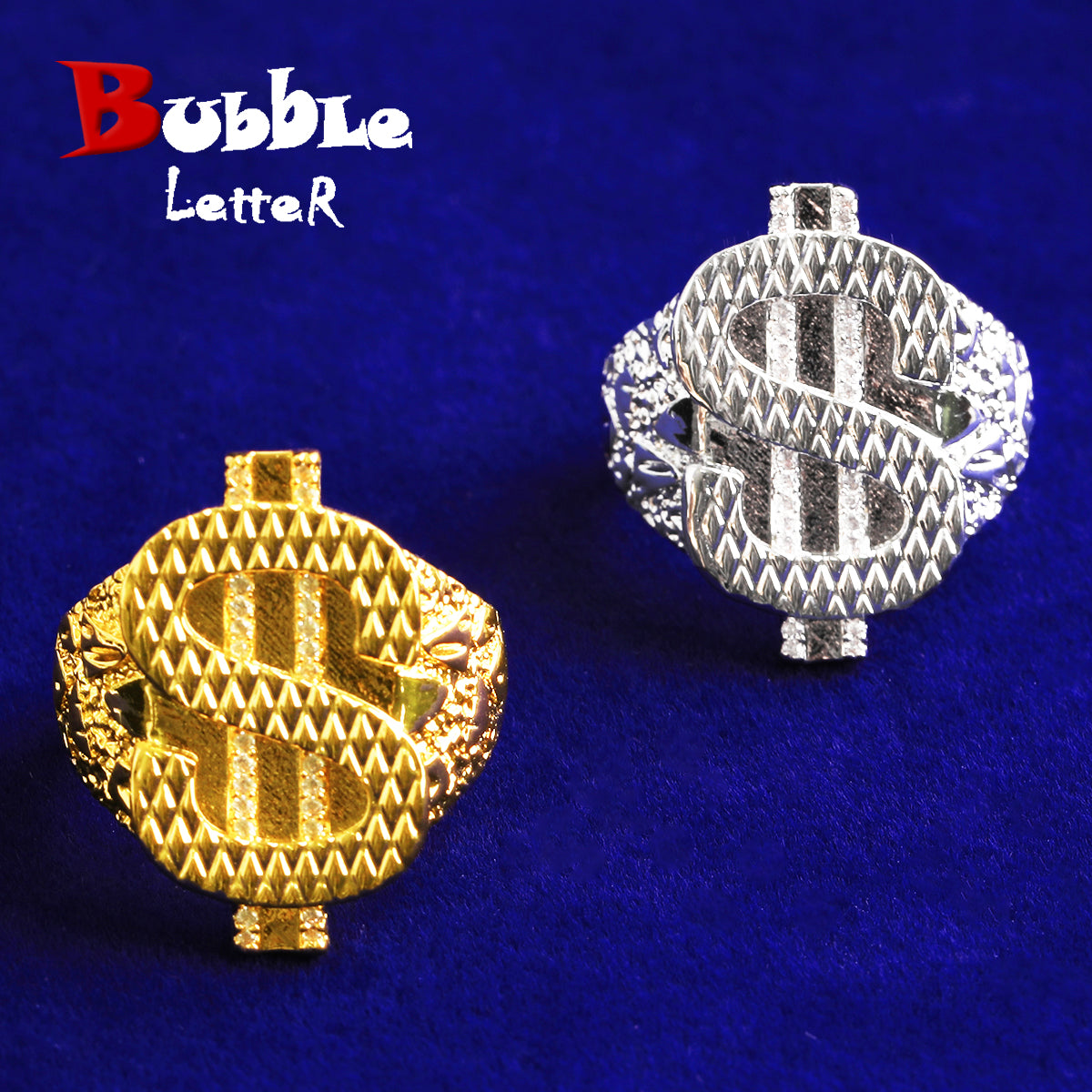 Bubble Letter Dollar Sign Ring for Men Real Gold Plated Hip Hop Jewelry
