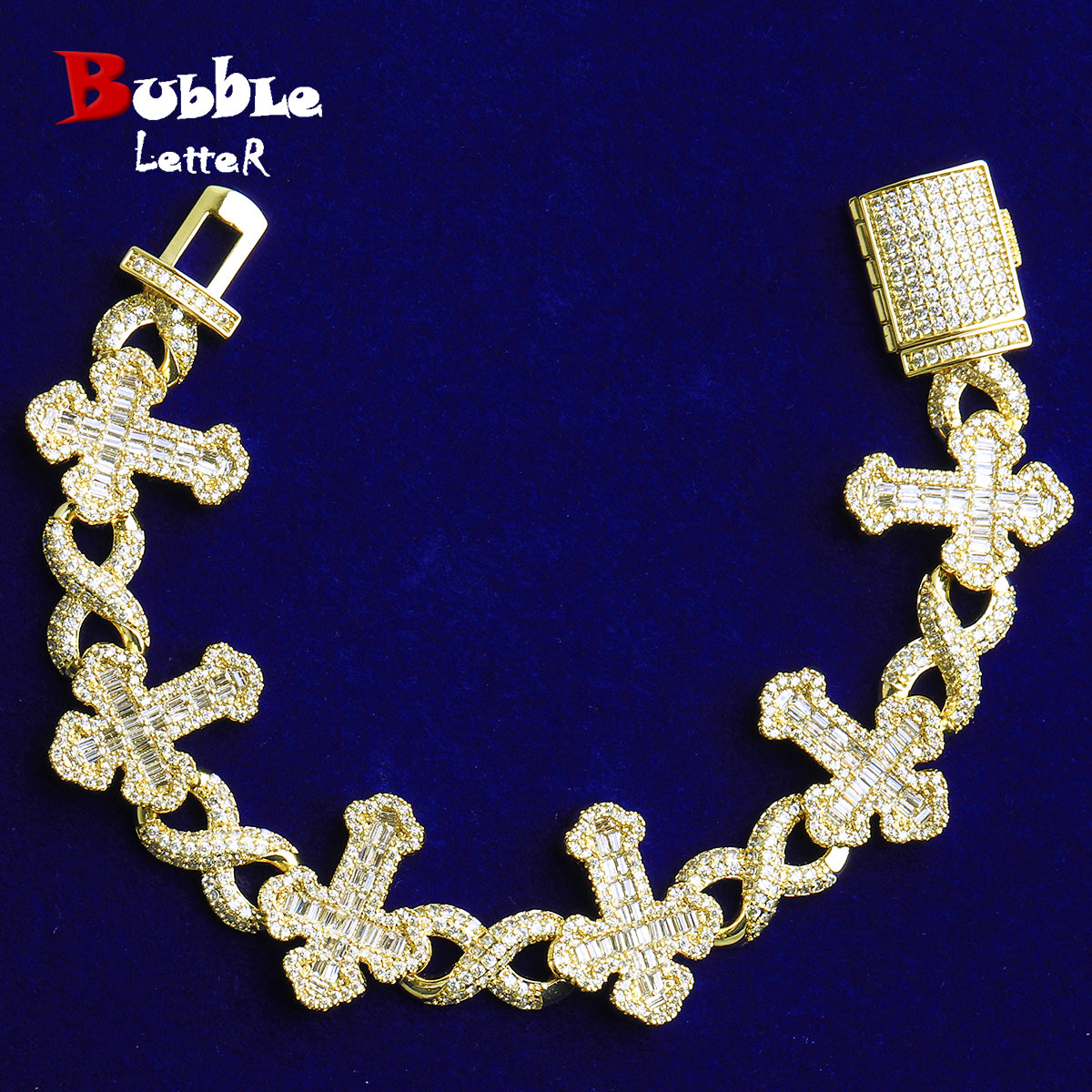 Bubble Letter Iced Out Baguette Cross Infinity Link Bracelet for Men 5A Cubic Zirconia Real Gold Plated Hip Hop Jewelry