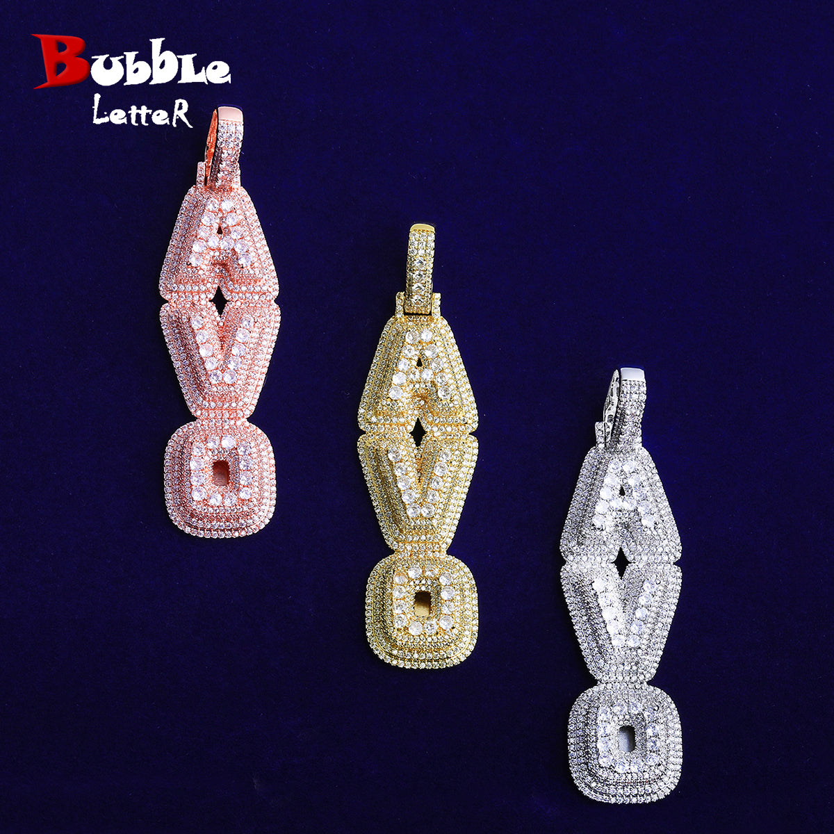 Bubble Letter Iced Out Custom Name Necklace Pendant for Men 5A Prong Setting Cubic Zirconia Copper Gold Plated Hip Hop Jewelry