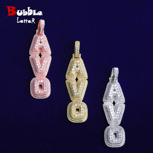 Bubble Letter Iced Out Custom Name Necklace Pendant for Men 5A Prong Setting Cubic Zirconia Copper Gold Plated Hip Hop Jewelry