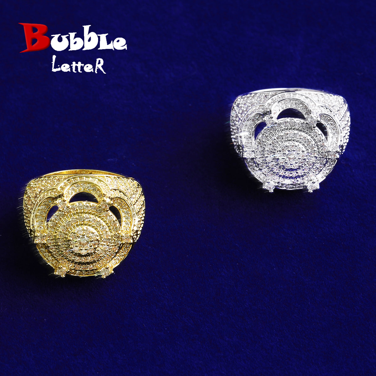 Bubble Letter Iced Out Crown Ring for Men 5A Cubic Zirconia Real Gold Plated Hip Hop Jewelry