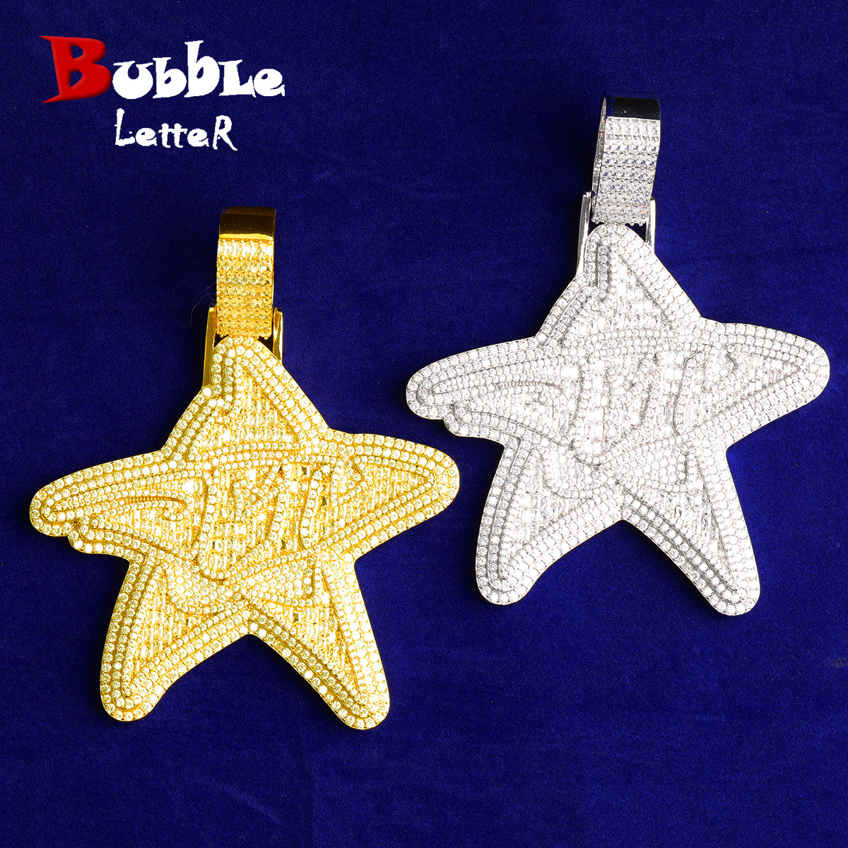 Bubble Letter Iced Out Super Big Star Necklace Pendant for Men Real Gold Plated Cubic Zirconia Hip Hop Jewelry