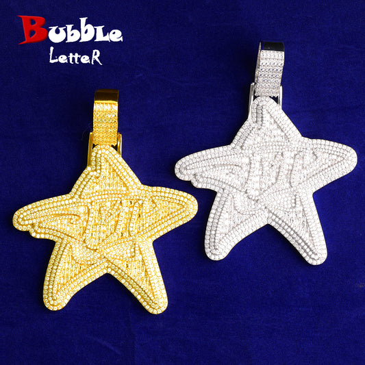 Bubble Letter Iced Out Super Big Star Necklace Pendant for Men Real Gold Plated Cubic Zirconia Hip Hop Jewelry