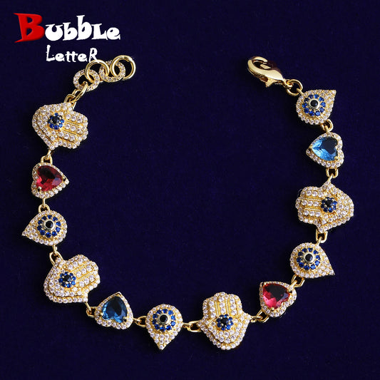 Bubble Letter Iced Out Hamsa Hand Heart Eye Bracelet for Women Real Gold Plated Cubic Zirconia Hip Hop Jewelry