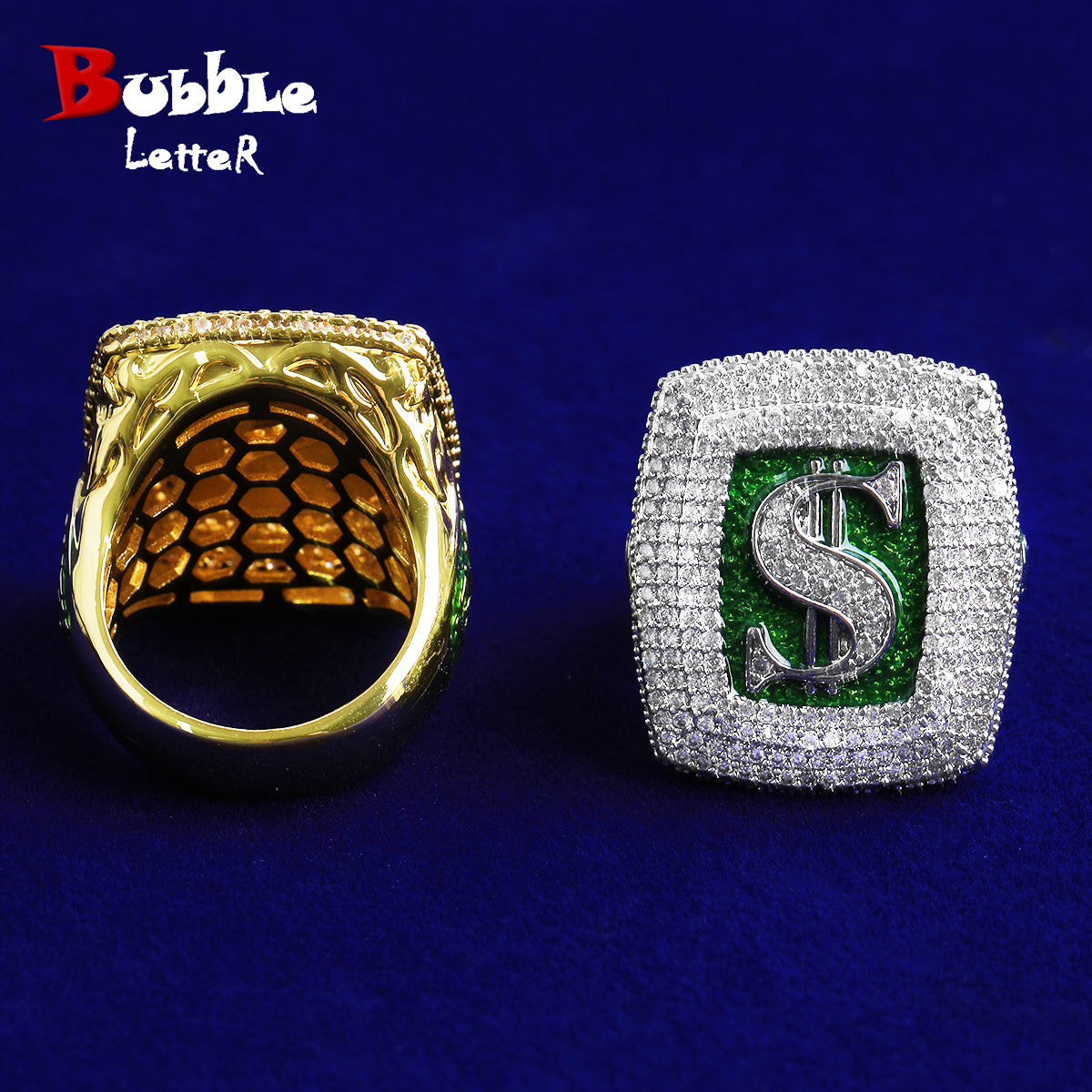 Bubble Letter Iced Out Dollar Sign $ Ring for Men 5A Cubic Zirconia Real Gold Plated Hip Hop Jewelry