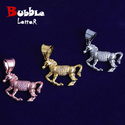Bubble Letter Iced Out Horse Necklace Pendant for Men Real Gold Plated Cubic Zirconia Hip Hop Jewelry