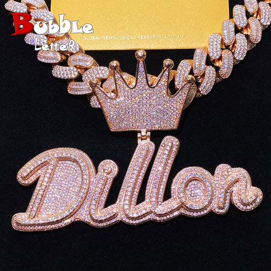 Bubble Letter Silver 925 Moissanite Iced Out Custom Name Necklace Pendant for Women Crown Bail Hip Hop Jewelry