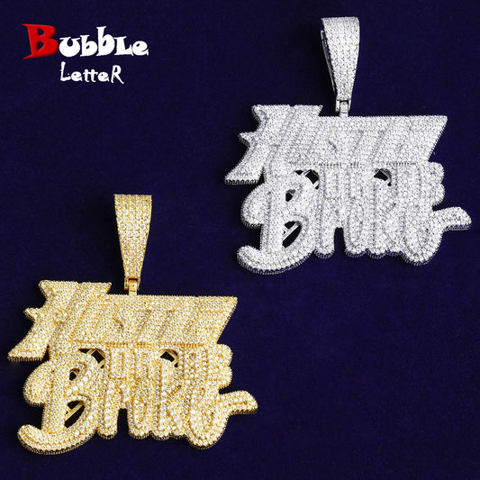 Bubble Letter Iced Out Hustle Or Be Broke Necklace Pendant for Men Prong Setting Real Gold Plated Hip Hop Jewelry