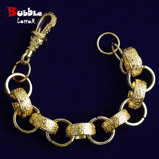 Bubble Letter 20mm Alternate Ornate Filigree Belcher Pattern Link Bracelet Real Gold Plated PVD Plate Hip Hop Jewelry