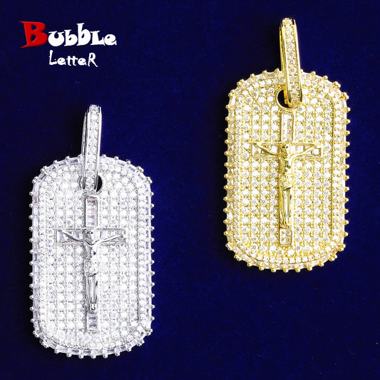 Bubble Letter Iced Out Dog Tag Cross Jesus Necklace Pendant for Men 5A Cubic Zirconia Hip Hop Jewelry
