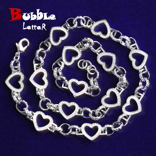 Bubble Letter Iced Out Hollow Heart Belcher Link Chain for Women Real Gold Plated Hip Hop Jewelry
