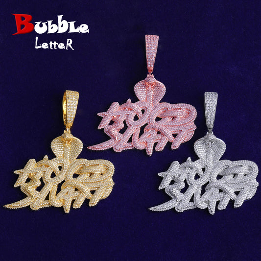 Bubble Letter Iced Out Snake Hood Hustle Necklace Pendant for Men Real Gold Plated Cubic Zirconia Hip Hop Jewelry
