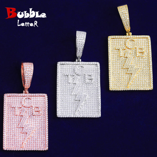 Bubble Letter Iced Out TCB Lighting Bolt Necklace Pendant for Men Prong Setting Real Gold Plated Hip Hop Jewelry