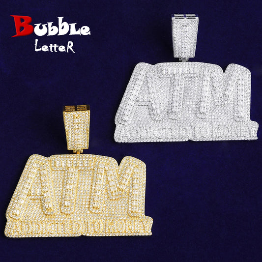Bubble Letter Iced Out ATM Addicted to Money Necklace Pendant for Men Real Gold Plated 5A Cubic Zirconia Hip Hop Jewelry