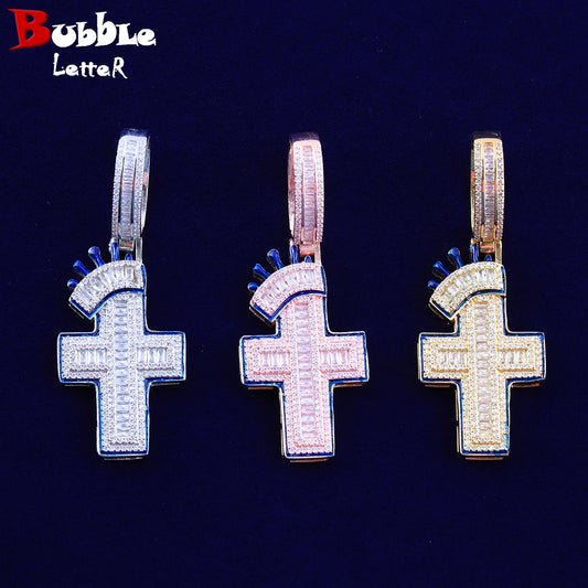 Bubble Letter Iced Out Cross Cross Necklace Pendant for Women Micro Pave Charms Bling Hip Hop Jewelry