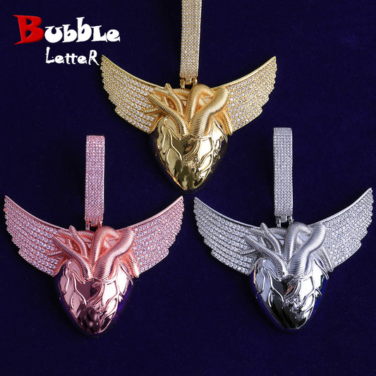 Bubble Letter Iced Out Heart Wing for Men Necklace Pendant Real Gold Plated Cubic Zirconia Hip Hop Jewelry