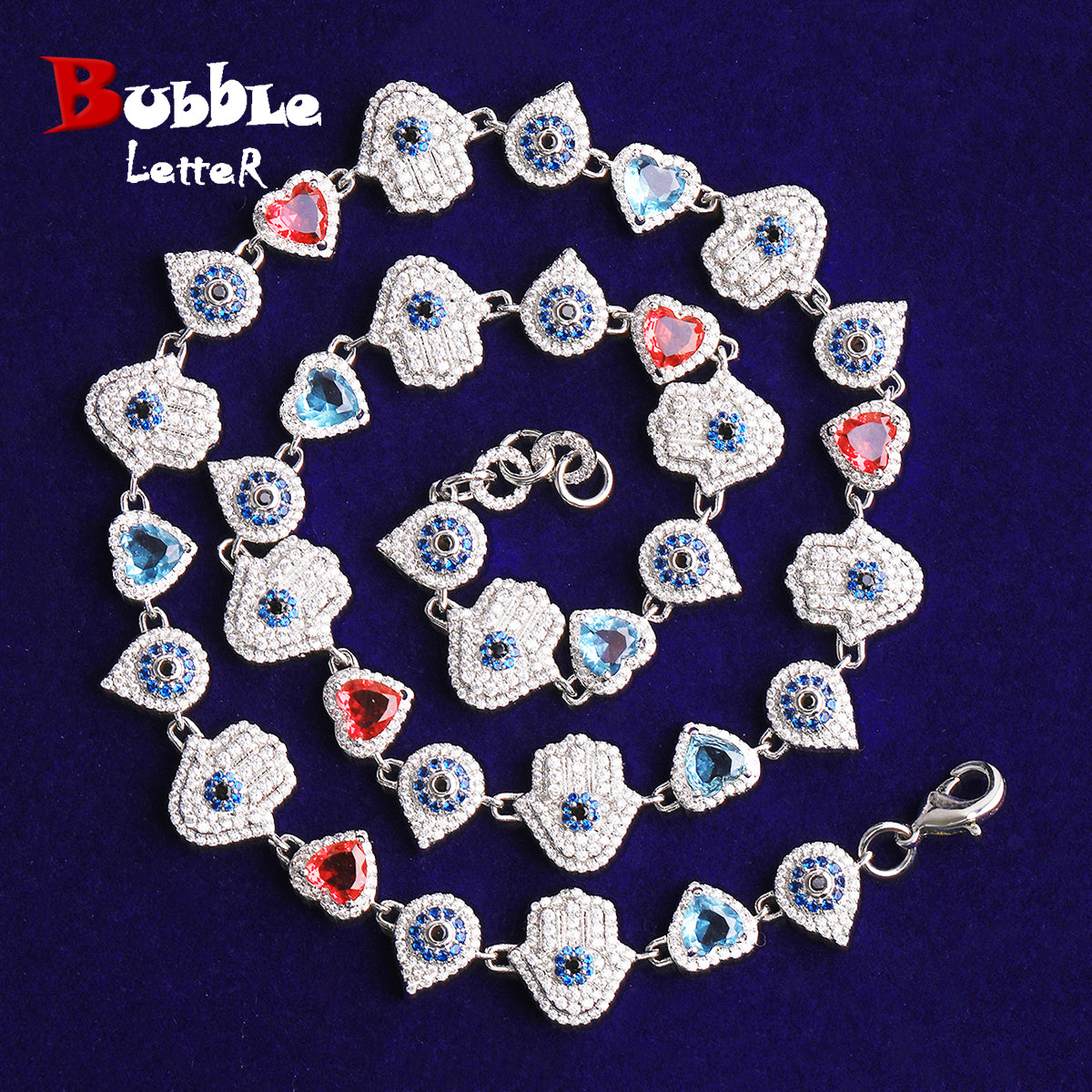 Bubble Letter Iced Out Hand Heart Drop Chain Necklace for Men Real Gold Plated Copper Cubic Zirconia Hip Hop Jewelry