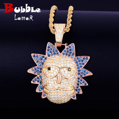 Bule lettebbr Men's Cartoon Character Face Pendant Iced Out Necklace Bling Cubic Zircon Personality Hip Hop Rock Jewelry