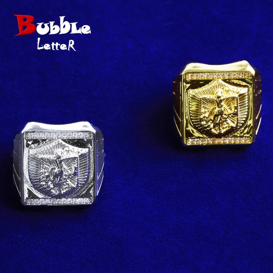 Bubble Letter Iced Out Pyramind Ring for Men Real Gold Plated Cubic Zirconia Hip Hop Jewelry