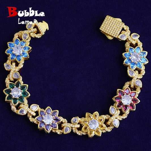 Bubble Letter Iced Out Colorful Flower leaves Bracelet for Women Prong Setting Real Gold Plated Hip Hop Jewelry
