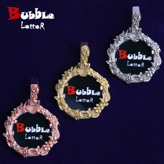 Bubble Letter Iced Out Dove Rose Flower Custom Picture Necklace Pendant for Men Real Gold Plated Cubic Zirconia Hip Hop Jewelry