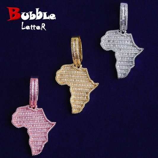 Bubble Letter Iced Out African Map Necklace Pendant for Men Real Gold Plated Cubic Zirconia Hip Hop Jewelry
