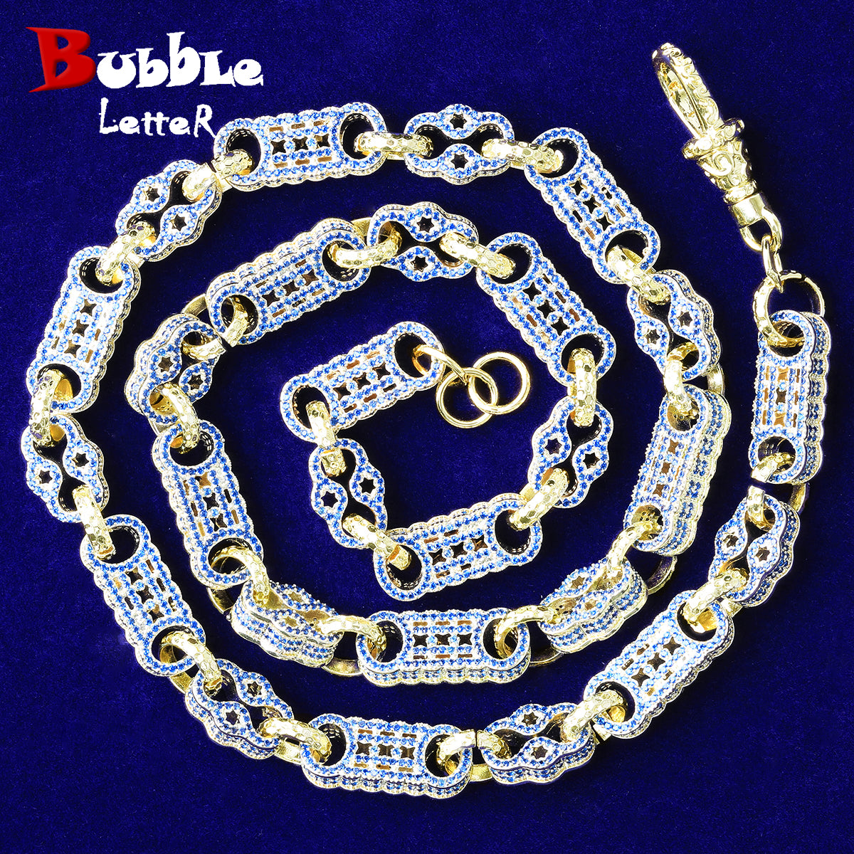 Bubble Letter Iced Out Gold Stones Star Bar Link Chain for Men Necklace Choker Real Copper Cubic Zirconia Gold Plated Hip Hop Jewelry