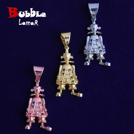 Bubble Letter Iced Out 3D Robot Necklace Pendant for Men Real Gold Plated Cubic Zirconia Hip Hop Jewelry