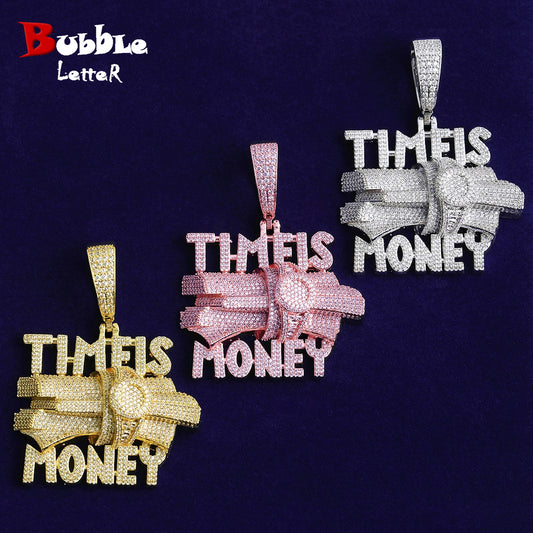 Bubble Letter Iced Out Time is Money Necklace Pendant for Men Prong Setting Real Gold Plated Hip Hop Jewelry