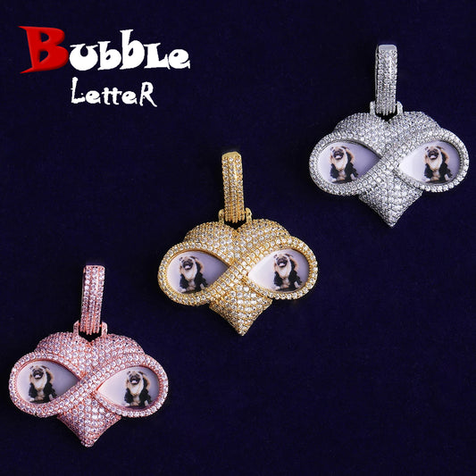 Bubble Letter Iced Out Eye Glass Heart Custom Photo Necklace Pendant for Men Real Gold Plated Cubic Zirconia Hip Hop Jewelry