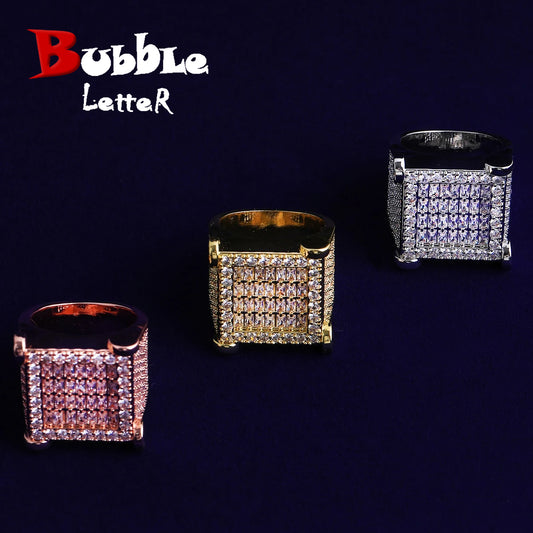Bubble Letter Iced Out Nail Square Baguette Ring for Men Real Gold Plated Cubic Zirconia Hip Hop Jewelry