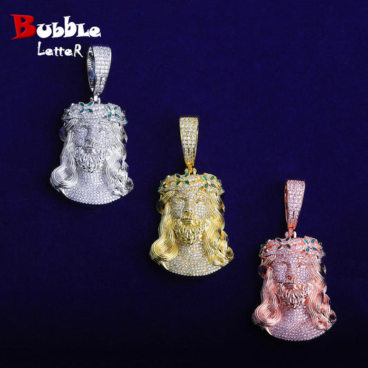 Bubble Letter Iced Out Green Flower Jesus Necklace Pendant for Men 5A Copper Cubic Zirconia Hip Hop Jewelry